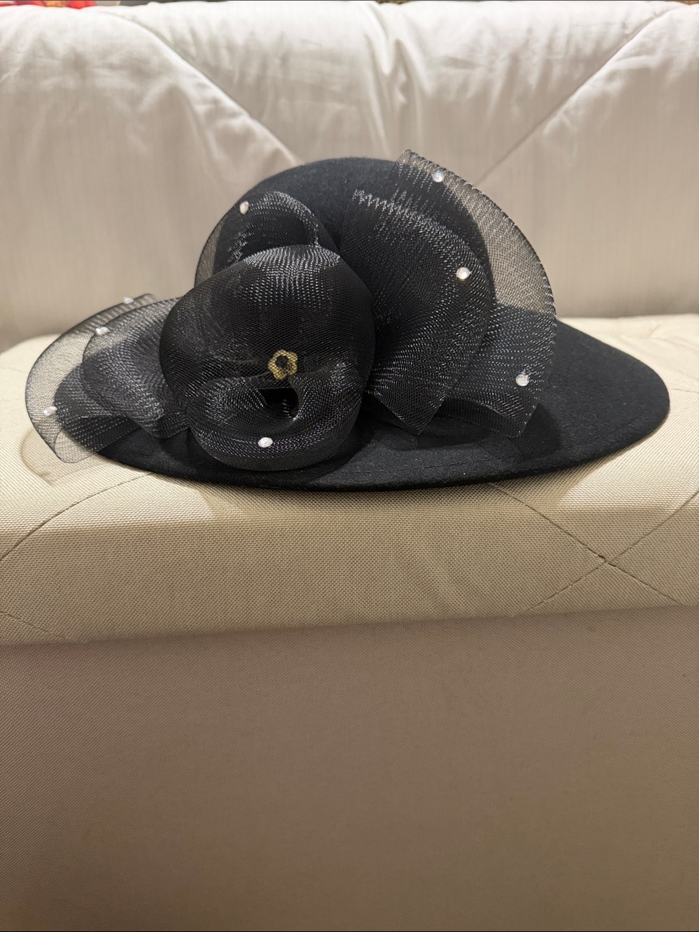 Victorian Wide Brim Vintage Church Black Hat with Netting and Crystal Accents